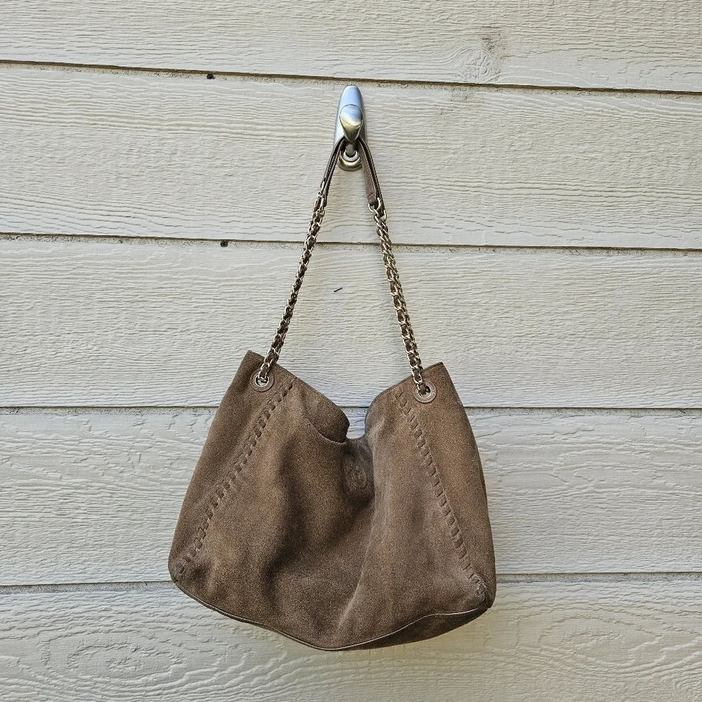 Tory Burch Marion Suede Chain Shoulder Slouchy Tote brown